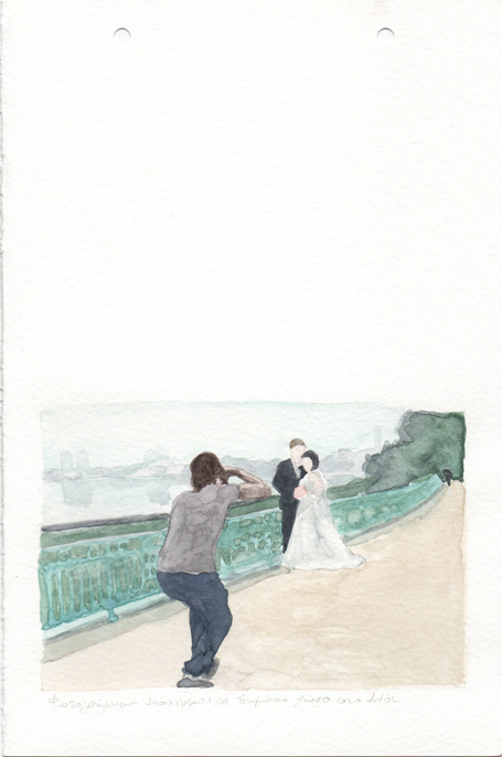 Honeymoon photo shooting in a public space in Hanoi, pencil and watercolours on paper, 22,8 x 15 cm, 2017 