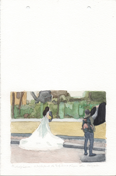 Honeymoon photo shooting in a public space in Saigon, pencil and watercolours on paper, 22,8 x 15 cm, 2017 